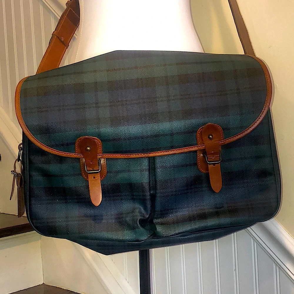 RALPH LAUREN Black Watch Plaid Crossbody Computer Messenger Tote Bag Vintage